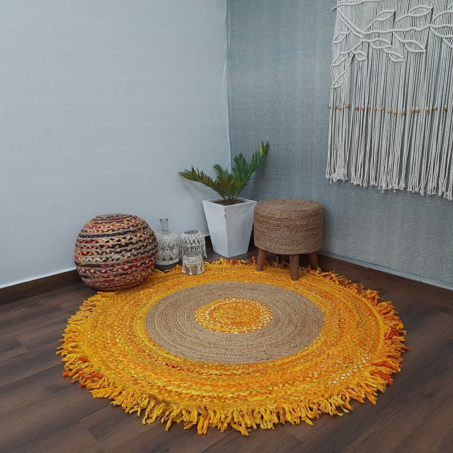 Avioni Home Eco Collection – Handmade Recycled Jute & Cotton Braided Carpet – Yellow Contemporary Eco-friendly