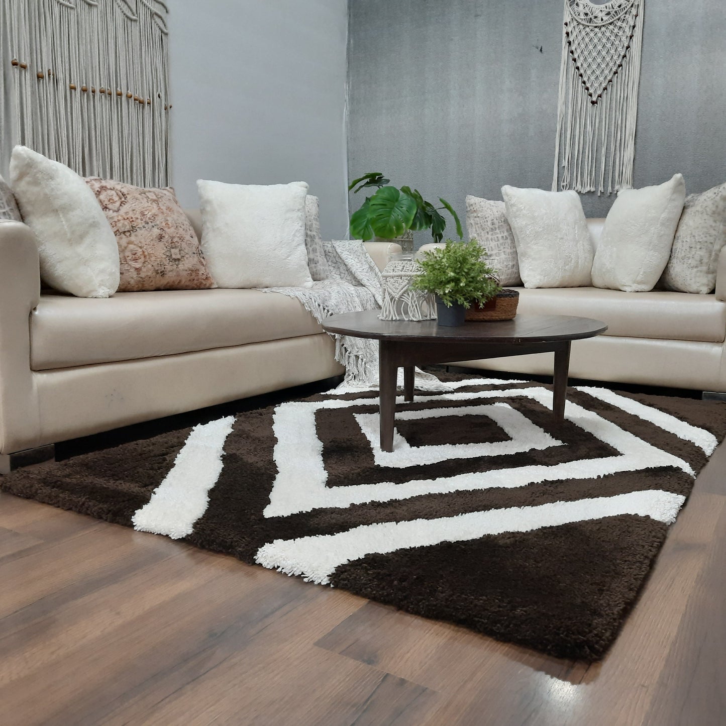 Avioni Home Atlas Collection - Moroccan Style Microfiber Carpet In Dark Coffee & White| Soft, Non-Slip, Easy to Clean