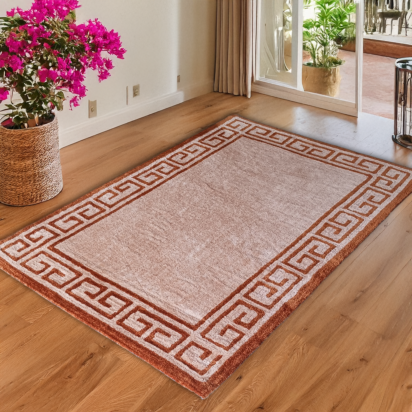 Avioni Luxury Collection- Plush Luxury Beige and Brown Carpet with Greek Border Design -Different Sizes- Carpet for Living Room