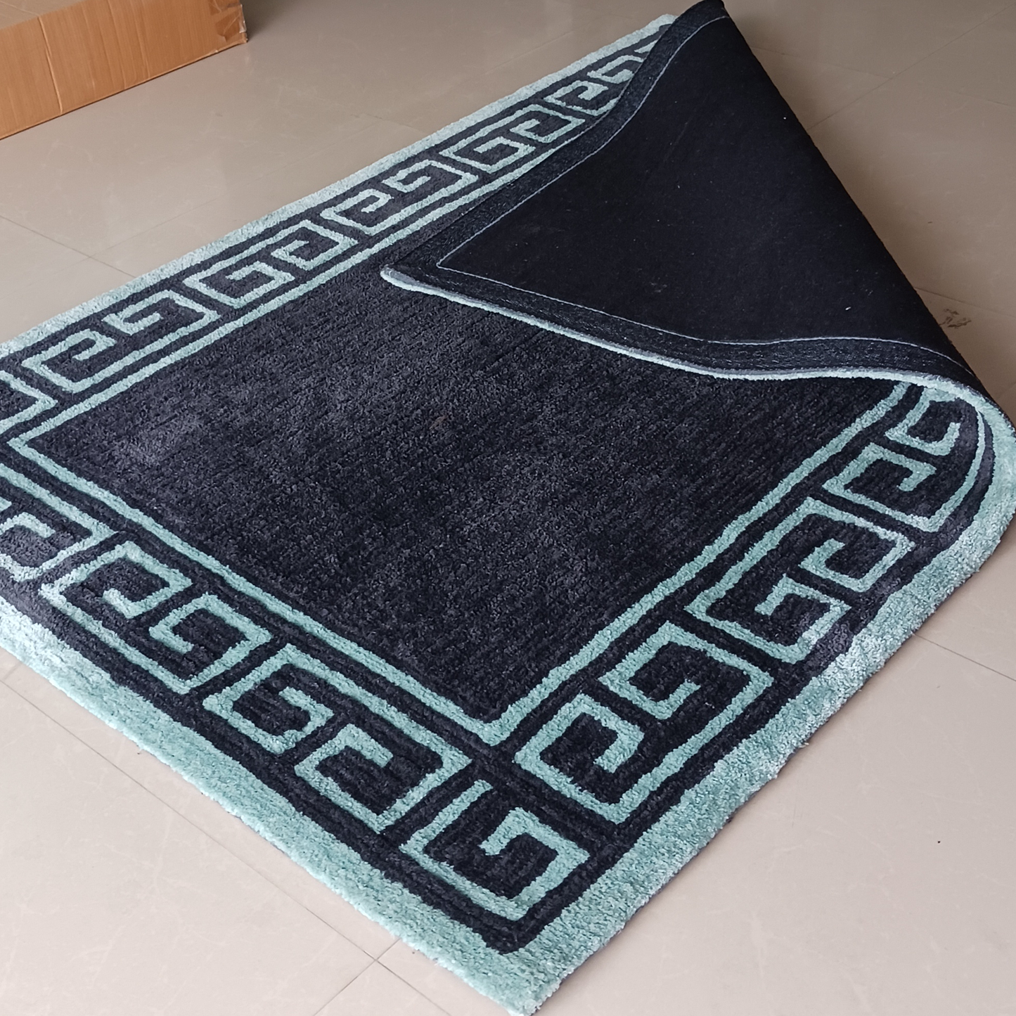 Avioni Luxury Collection- Plush Luxury Dark Grey and Aqua Carpet with Greek Border Design -Different Sizes- Carpet for Living Room
