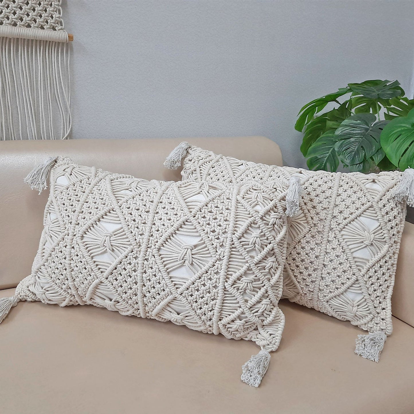 Bohemian Style Hand Knotted Macrame Cushion Covers 100% Bleached Cotton-16×24 Inch (~40×60 cms)-Set of Two