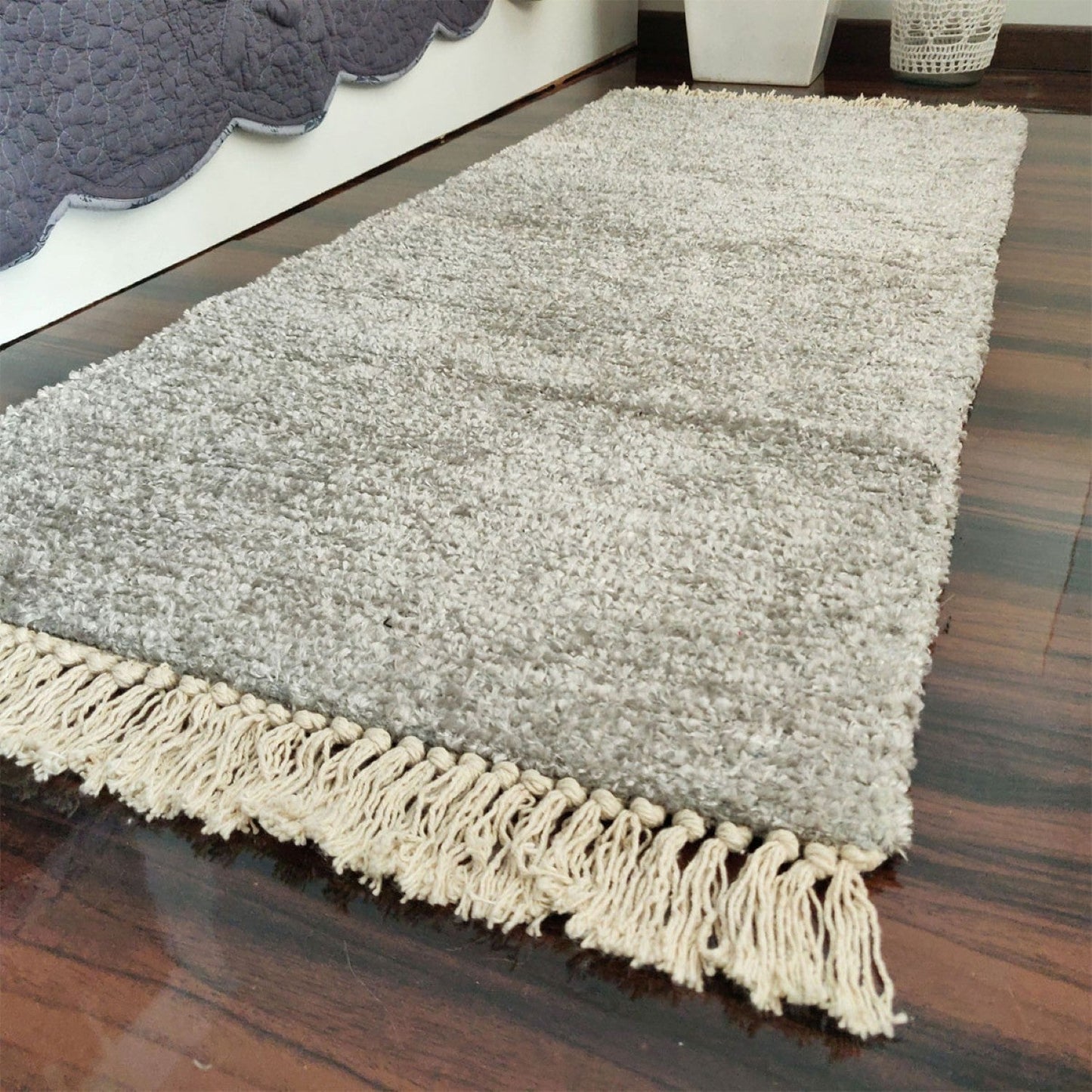 Avioni Bedside/Hallway/Pooja Carpets In Faux Silk Silver Plain -56cm X140 cm (~22inch X 55 Inch)