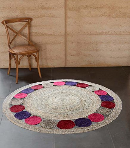 Jute Mat – Natural Rugs – Braided Area Rug – Multicolor Border – Handmade & Unbleached – 120cm (~4 feet) Round – Avioni Premium Eco Collection
