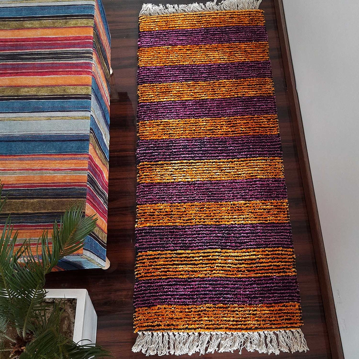 Avioni Bedside/Hallway/Pooja Carpets In Faux Silk Orange Multi-56cm x 140cm (~22Inch x 55Inch)