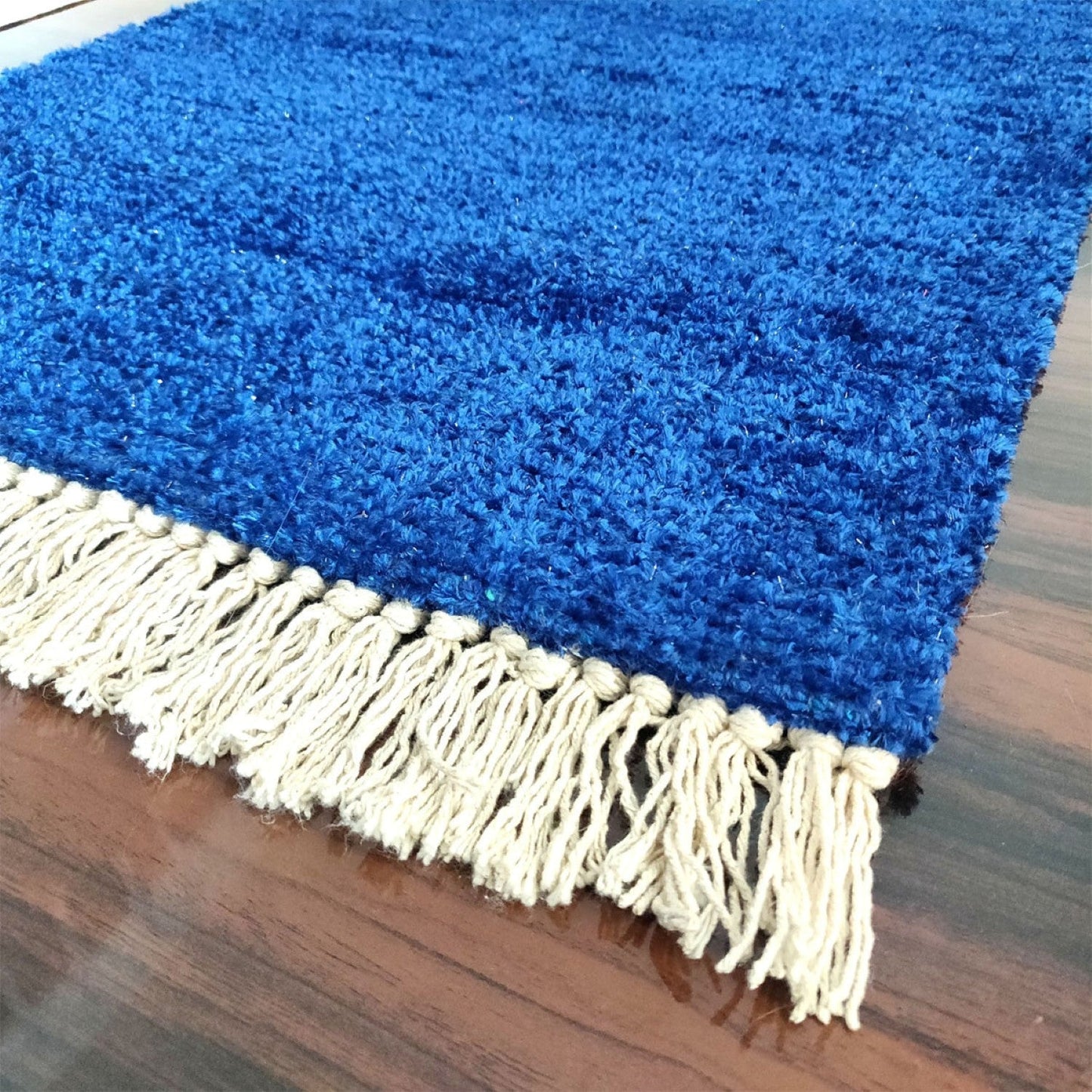 Clearance sale-Avioni Bedside/Hallway/Pooja Carpets In Faux Silk Blue-56 cm X 140 cm (~22 Inch X 55 Inch)