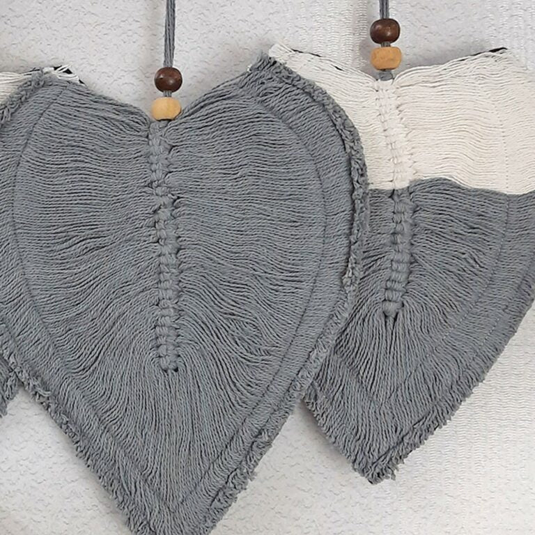 Avioni Feather Macrame Wall Hanging With Beads, Macrame Knotted Wall Tapestry, Living Room Bedroom Interior Decor-White And Grey-38 cms x 27 cms