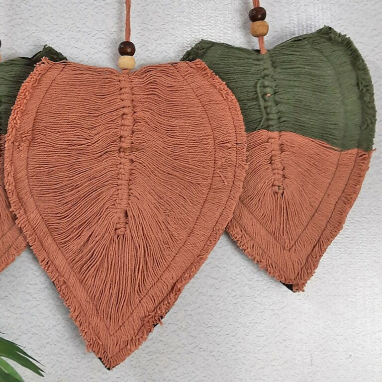 Avioni Feather Macrame Wall Hanging With Beads, Macrame Knotted Wall Tapestry, Living Room Bedroom Interior Decor-Orange And Olive-38 cms x 27 cms