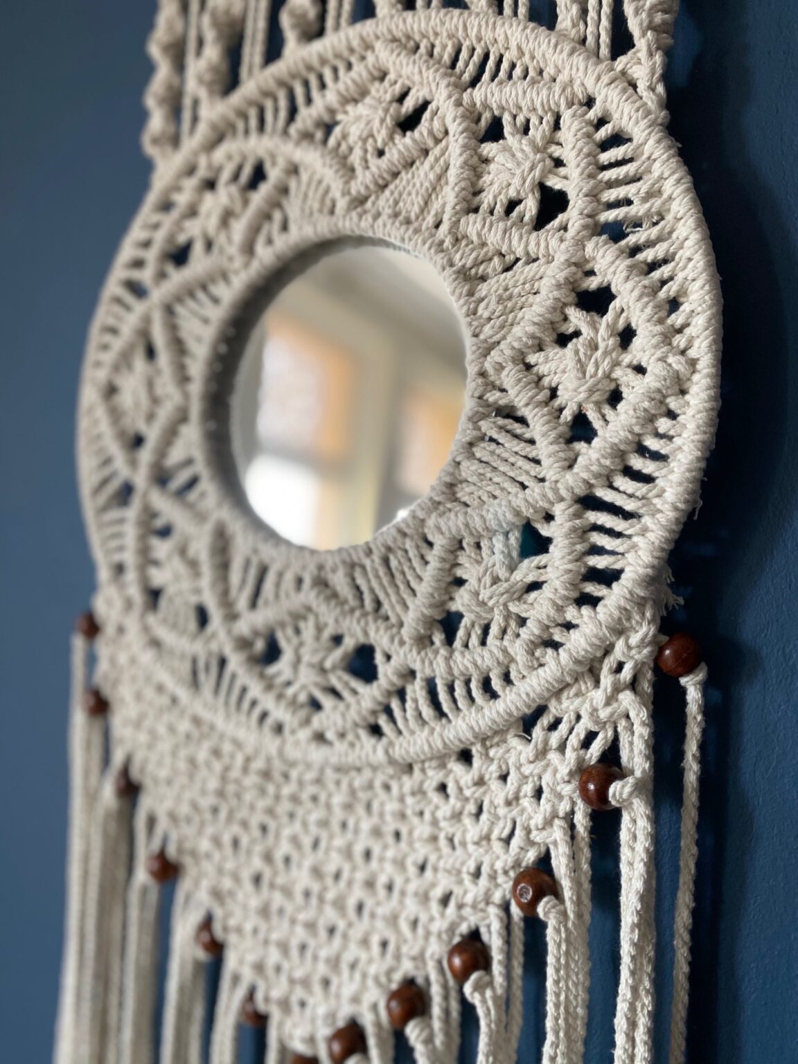 Avioni Home Boho Collection – Hand-Knitted Wall Hanging with Mirror-50cm width x 70cm height.