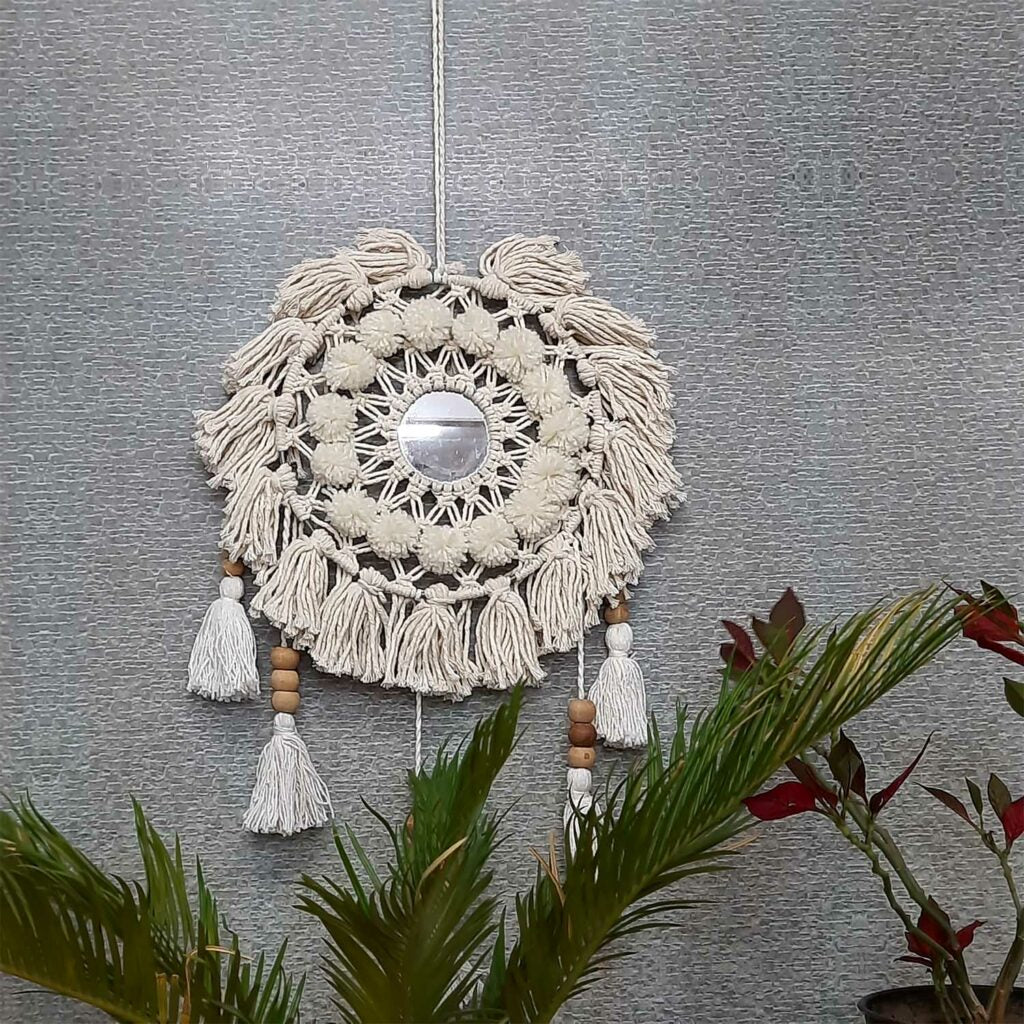Avioni Home Boho Collection – Hand-Knitted Wall Hanging with Mirror- Flower Look-50cm width x 70cm height