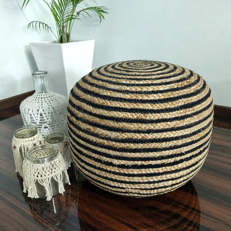 Bigmo Boho Braided Natural Jute and Black Dori Pouf Ottoman-35 cm X 42cm X42cm