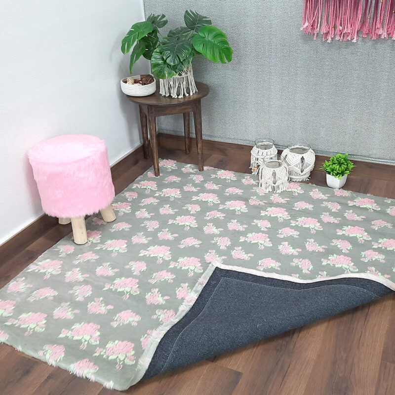 Soft Shaggy Premium Super Soft Luxury Rugs Faux Fur– Flowers on Grey Fur – Avioni Carpets