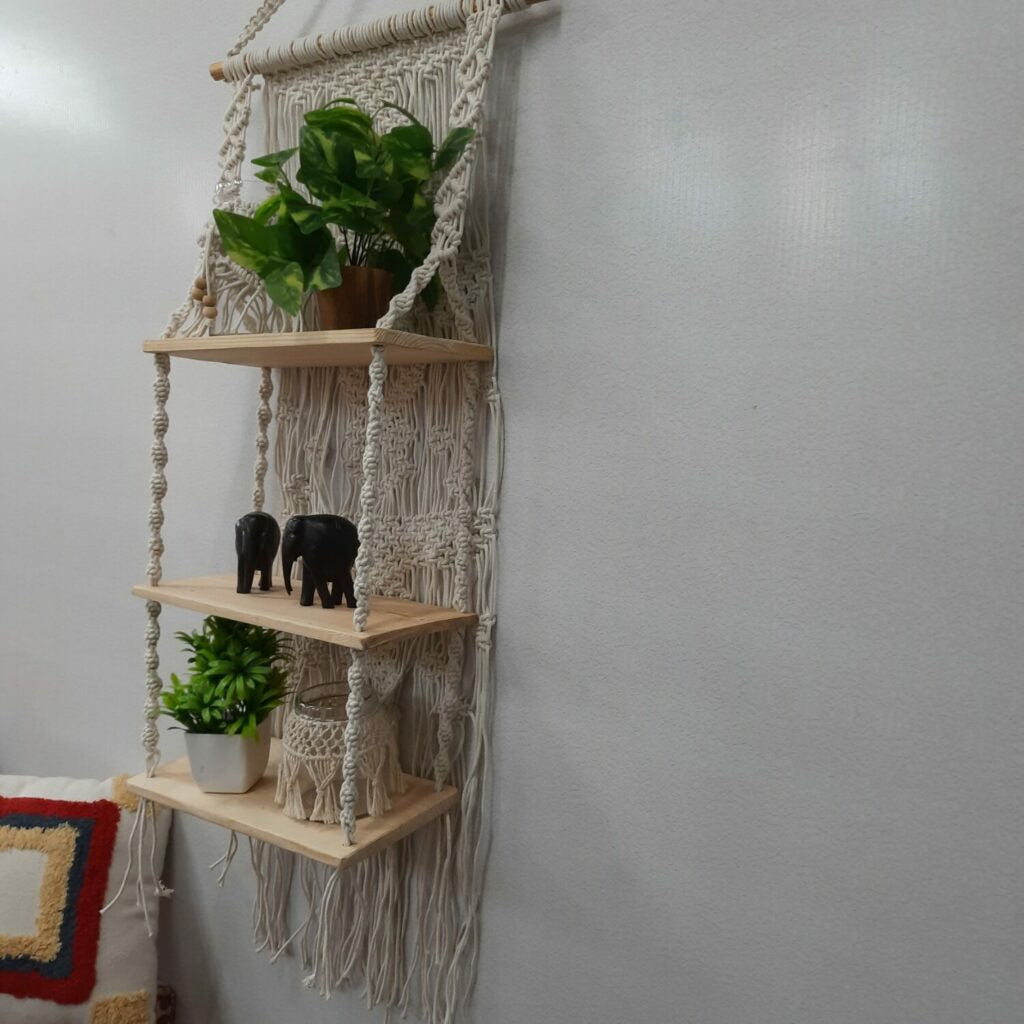 Avioni Home Boho Collection – Hand Knotted Macrame Hanging Single Shelf With Pine Wood Shelf-50cms x 40 cms