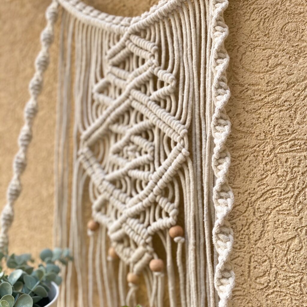 Avioni Home Boho Collection – Hand Knotted Macrame Hanging With Pine Wood Shelf-40 cms x 60 cms