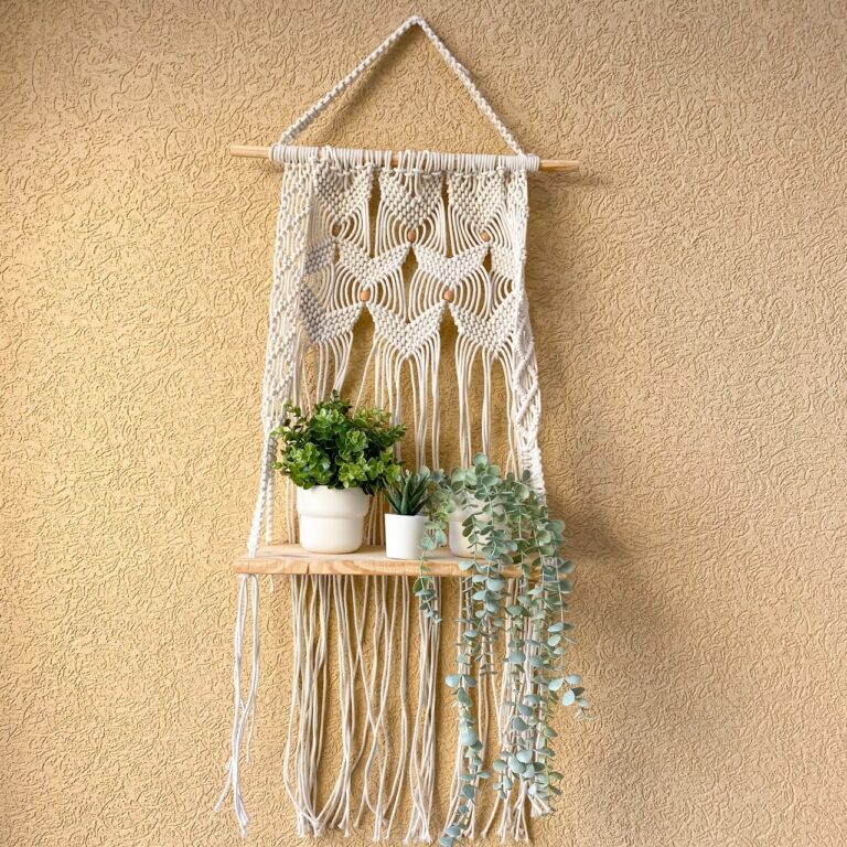 Avioni Home Boho Collection – Hand Knotted Macrame Hanging Shelf With Pine Wood Shelf-40cm width x 50cm height.