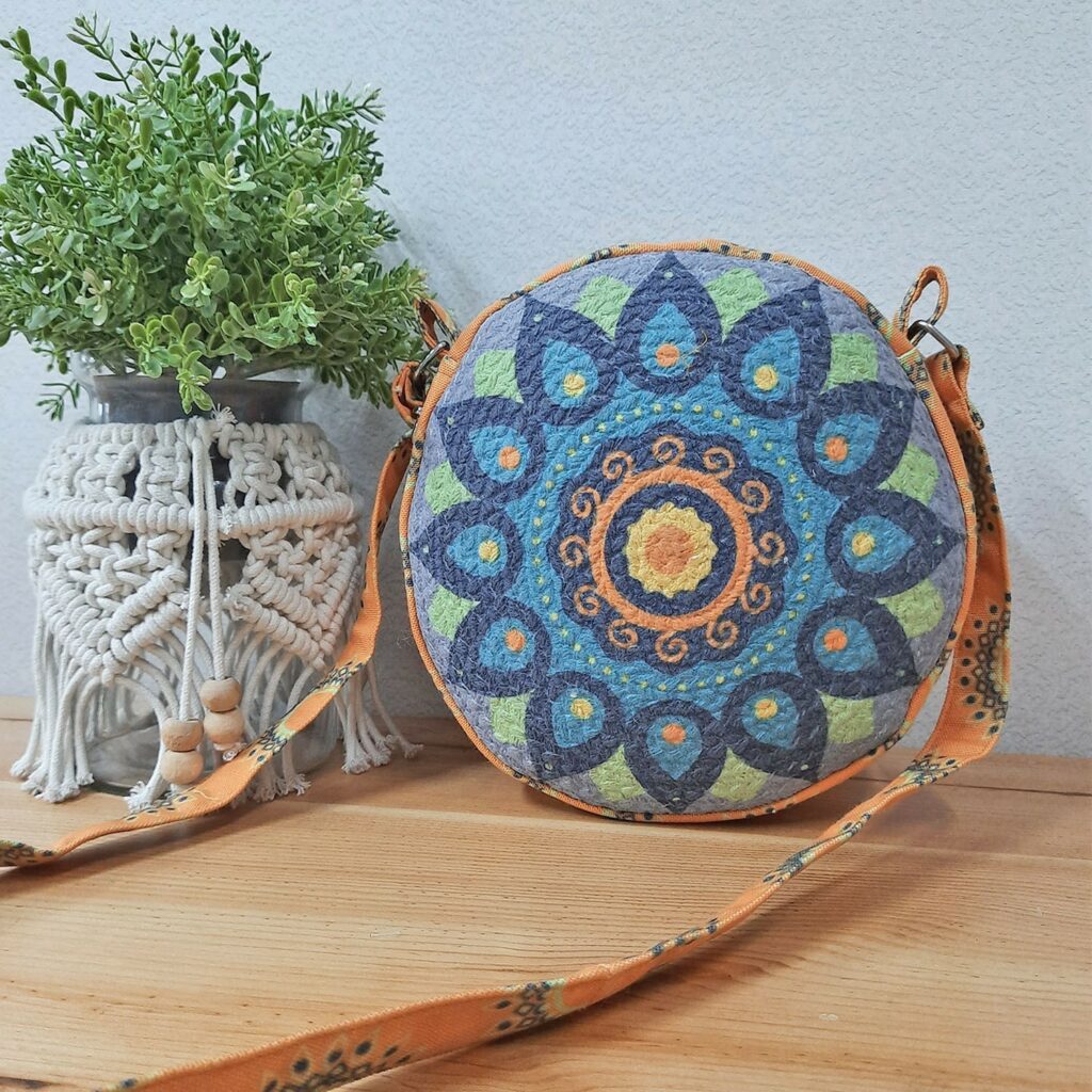 Premium Sling Bag for Women, Avioni Fashion Shoulder Bag, Bohemian Style-Peacock Rangoli, Braided Sides Round Sling Bag, Perfect For Gifts and Traveling-25 cms Diameter