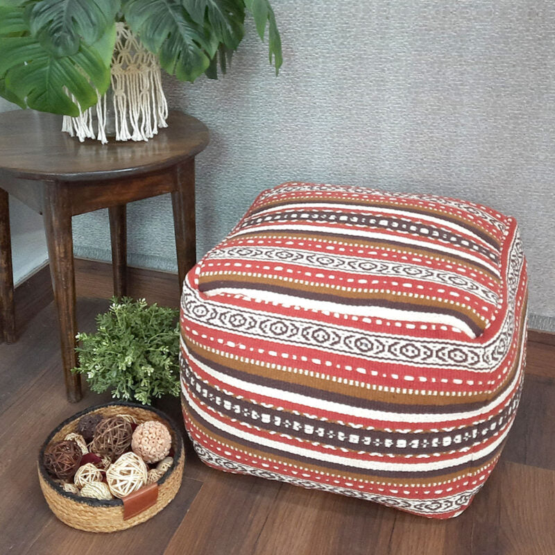 Avioni Home BigMo Earthy Collection – Ethnic Brown, Red and White Pattern Boho Pouf -40cm x 55cm x 55 cm