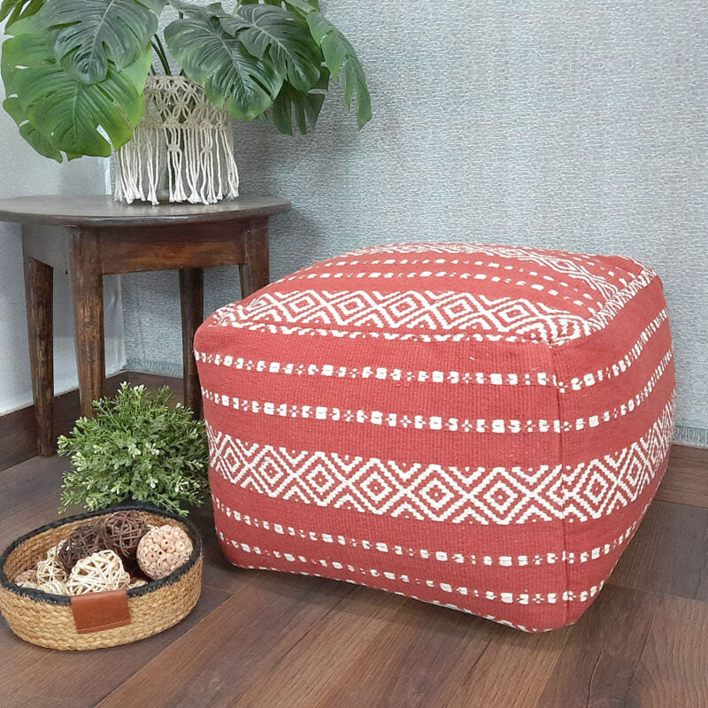 Avioni Home BigMo Earthy Collection – Red and White Boho Pouf -40cm x 55cm x 55 cm