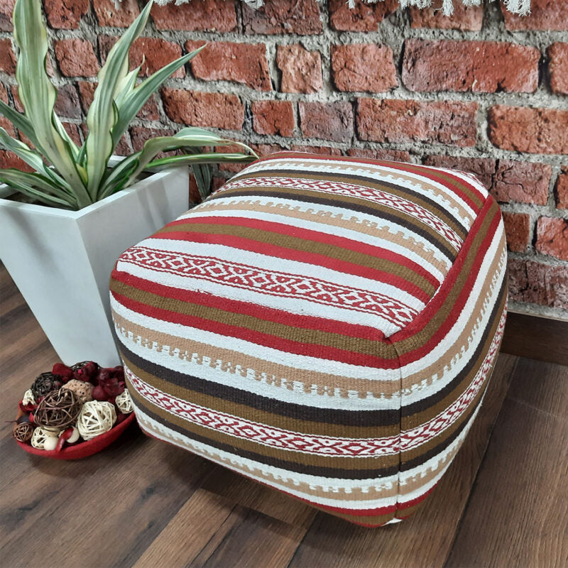 Avioni Home BigMo Collection -Cube Boho Earthen Red, White and Brown Pouf -40cm x 55cm x 55 cm