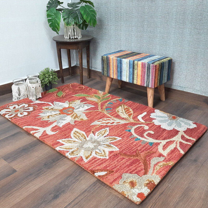 Wool Floral Beautiful Hand Tufted Carpet | Loop Pile | Avioni -90cm x 150cm (~3×5 Feet)