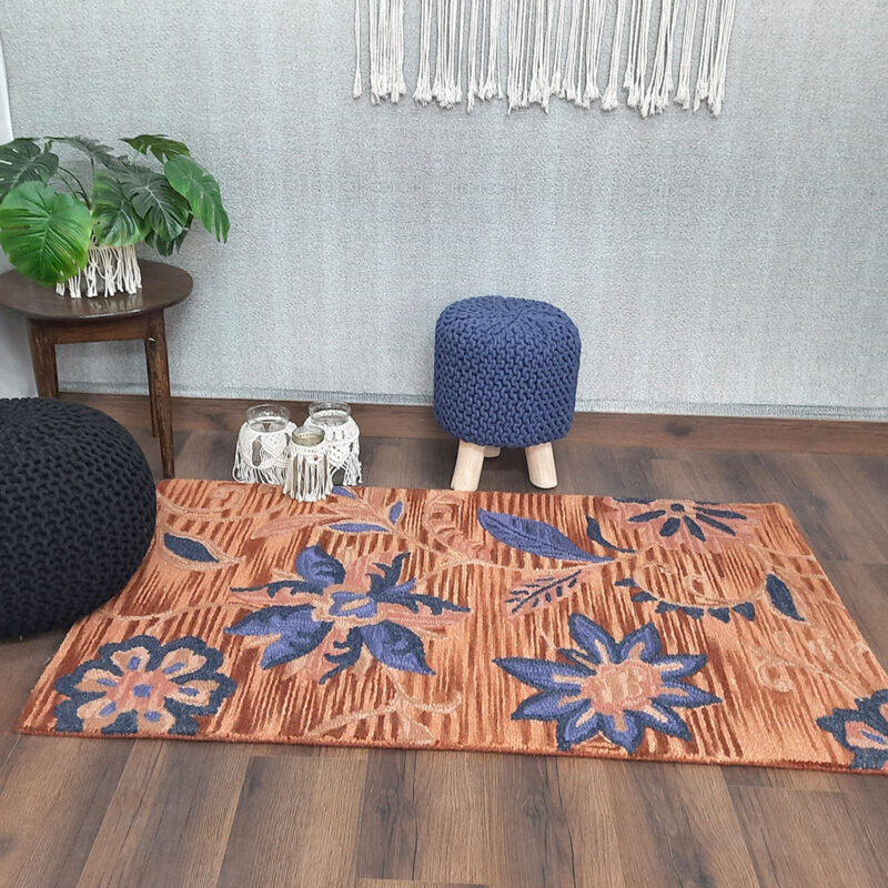 Wool Floral Beautiful Hand Tufted Brown Carpet | Loop Pile Rug | Avioni -90cm x 150cm (~3×5 Feet)