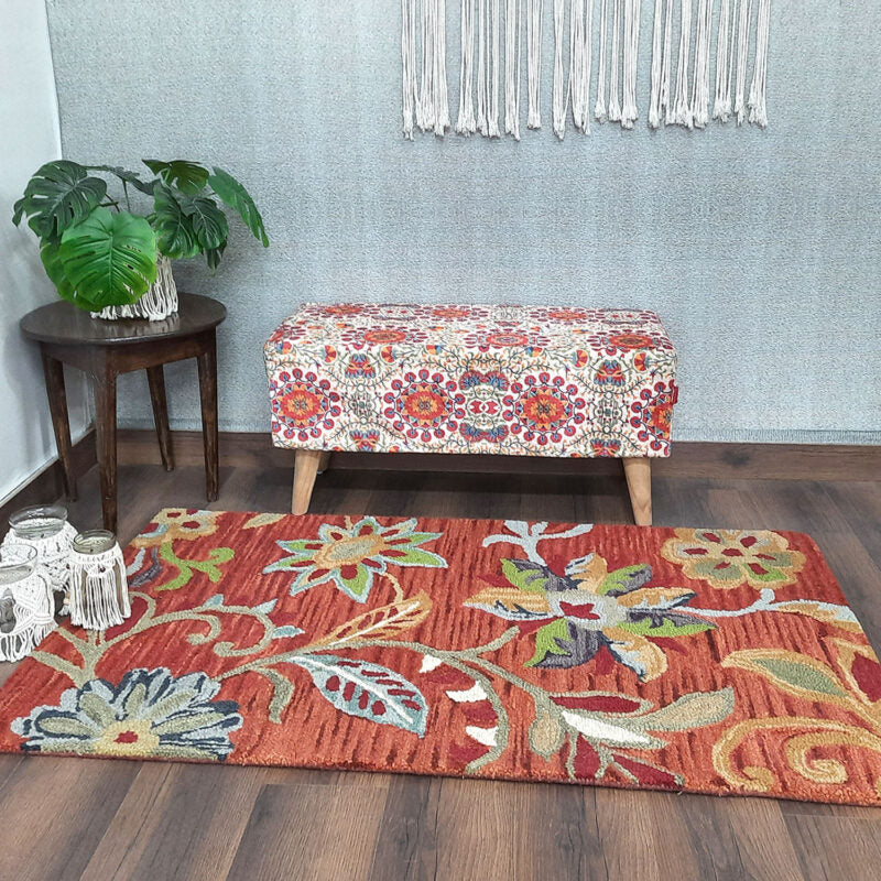 Wool Floral Beautiful Brown Hand Tufted Carpet | Loop Pile Rug | Avioni -90cm x 150cm (~3×5 Feet)
