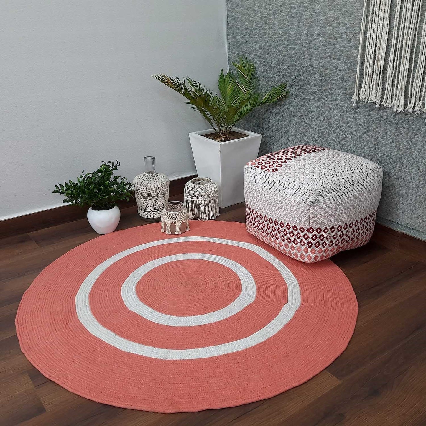 Avioni Cotton Rugs Braided Round- Pinkish Orange – 120 cms (4 Feet)