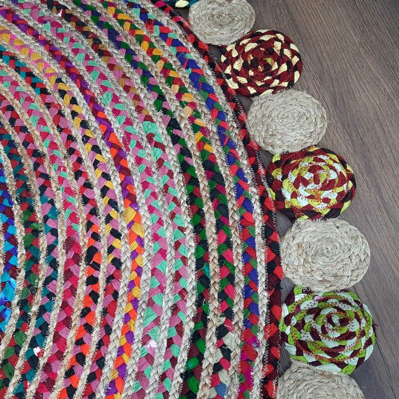 Avioni Home Contemporary Collection -Handmade Chindi With Jute Round Tikki – Multiple Sizes