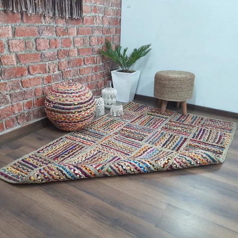 Avioni Home Contemporary Collection| Eco-friendly Recycled Chindi And Jute & Jute Handmade Braided Area Rug | Multiple Square Design | Multiple Sizes