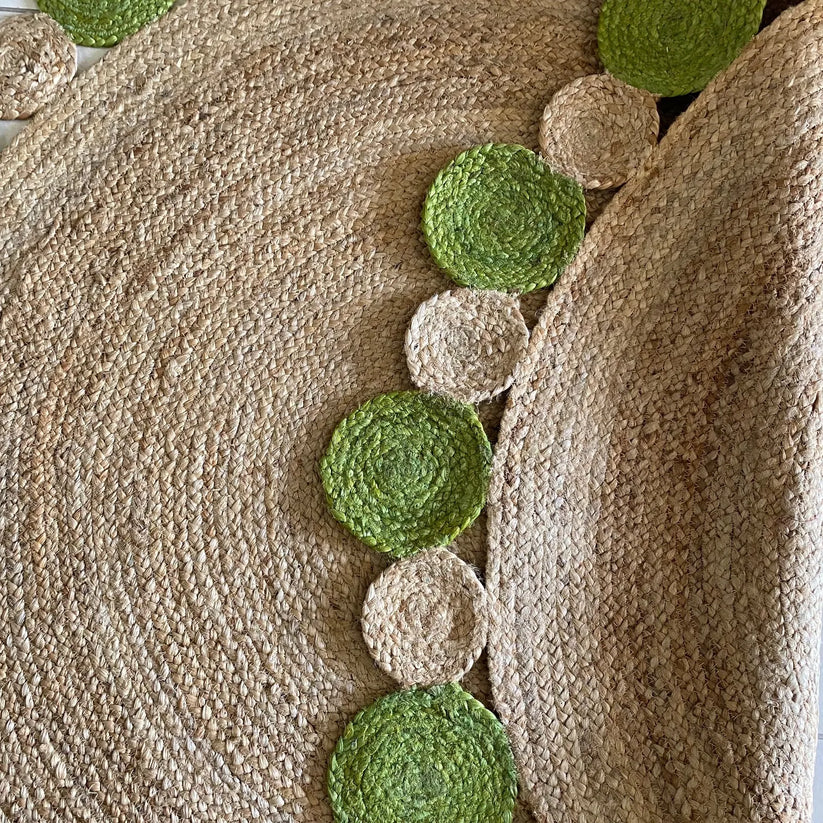Jute Mat – Natural Rugs – Braided Area Rug – Green Border – Handmade & Unbleached – 150 cm (~5 feet) Round – Avioni Premium Eco Collection