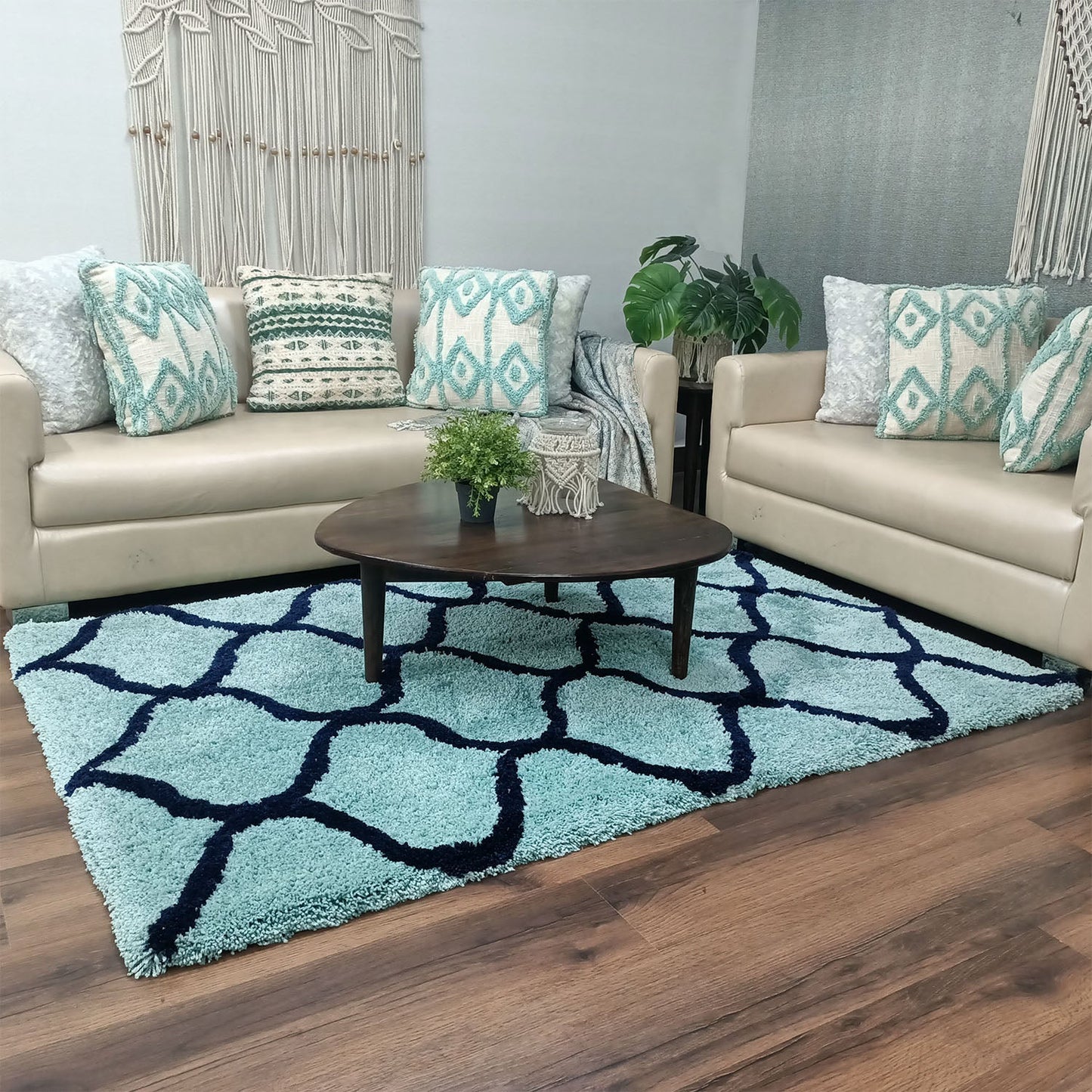 Avioni Home Atlas Collection - Moroccan Style Microfiber Carpet In Aqua and Black | Soft, Non-Slip, Easy to Clean