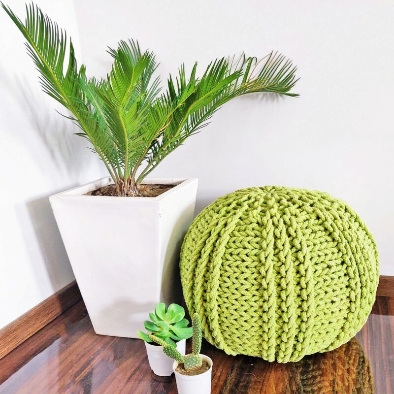 BIGMO Luxury Hand Knotted Boho Look Pouf/ Ottoman Extra Large Size Watermelon Style- Green Colour- 35cmx50cmx50cm – Best Gift For Festivals/Wedding
