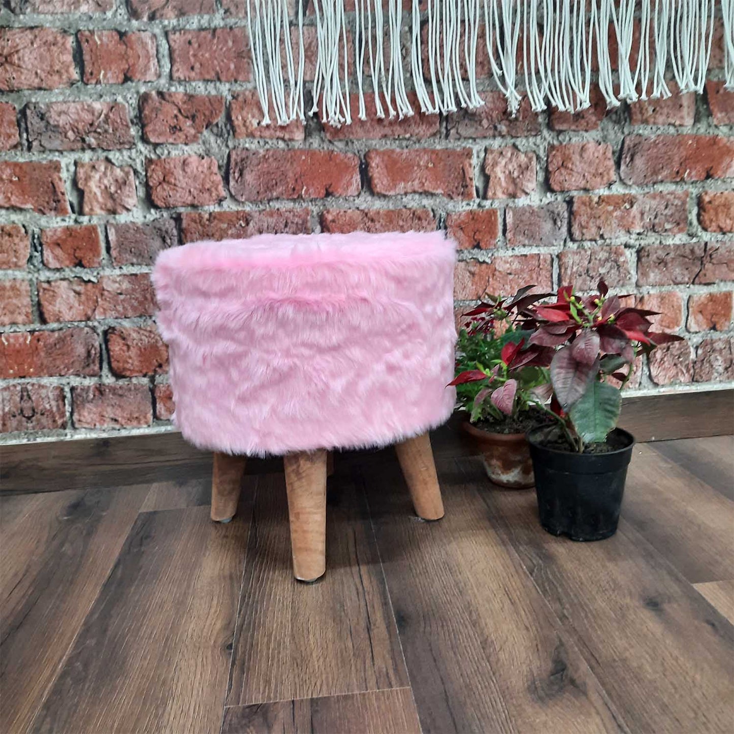 BIGMO Luxury Long Pink Fur Stool/ Ottoman (4 Legs for added stability-Natural Finish )-Length – 40cm, Width – 40cm, Height – 40cm