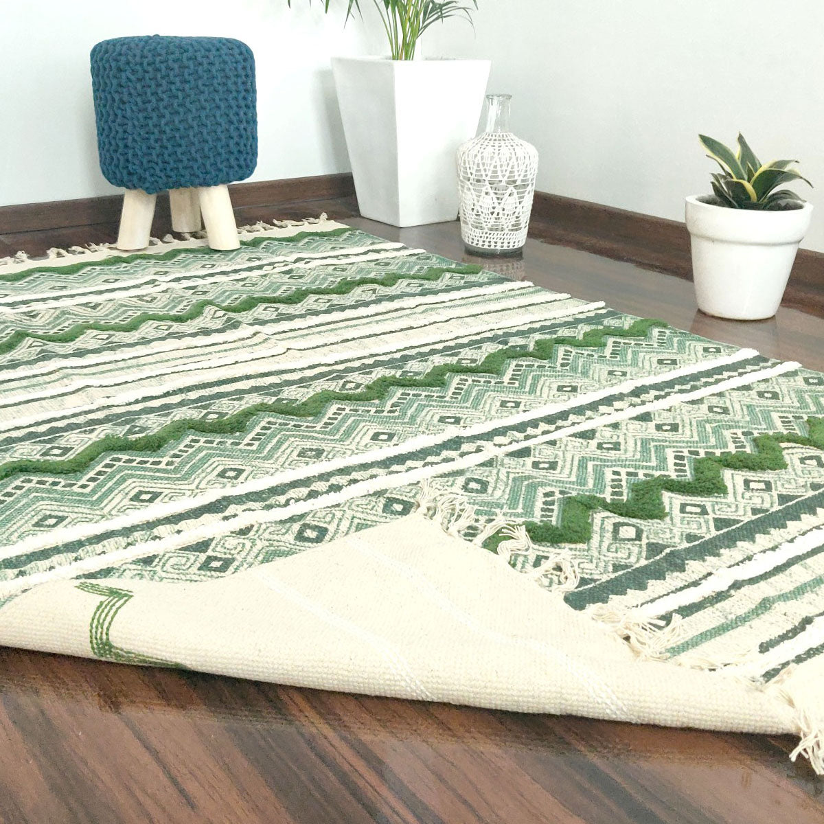 Avioni Boho Look Cotton Printed & Part Tufted Floor Rug / Durrie – Green