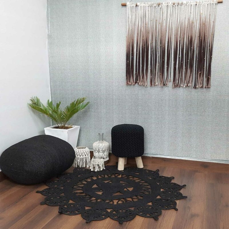 Avioni Home Contemporary Collection – Eco-friendly Black Dyed Natural Jute Handmade Braided Area Rug –Beautiful Temple Design