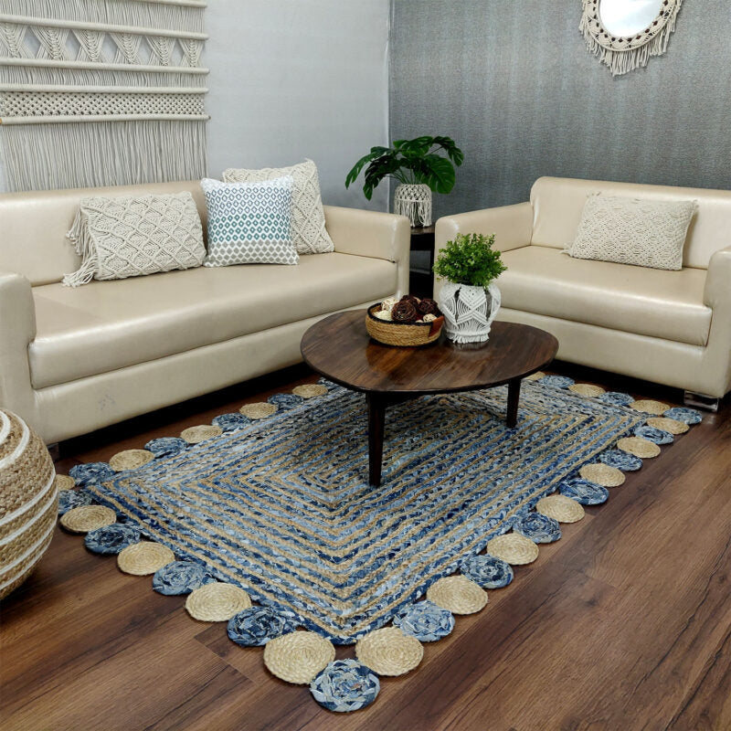 Denim/Jeans With Jute Handmade Braided Rugs with Round Circles Border | Blue Denim Area Rug| Avioni- Premium Collection