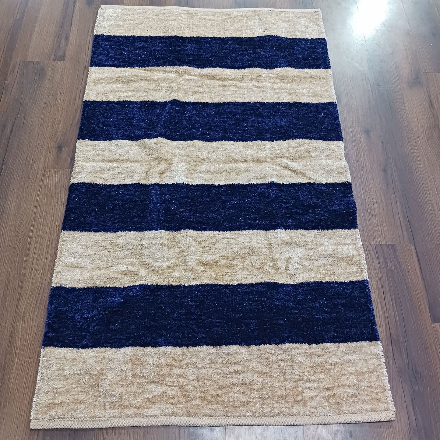 Avioni Handloom Rugs | Master Artisans Work | Feather like Luxurious Silk Soft Touch | Home Washable | Blue and White Broad stripes | Reversible-90cm x 150cm (~3Feet x 5Feet)