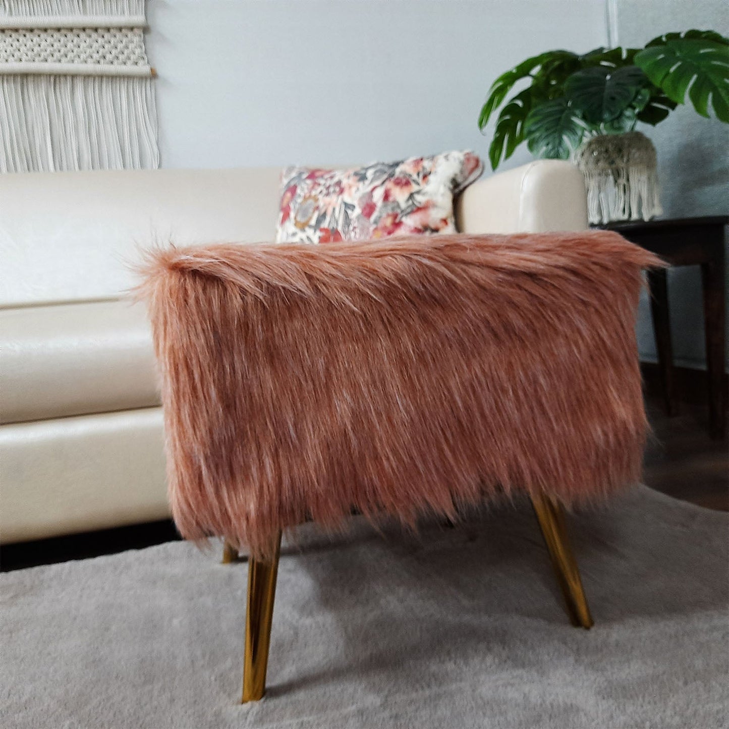 Noviato Collection – Light Redwood Premium Double Shade Faux Fur Footstool Gold Metal Legs Modern On-Trend Style Square Multi-Functional Ottoman Stool Seat, 40cm x 40cm x 40 cm | from Avioni