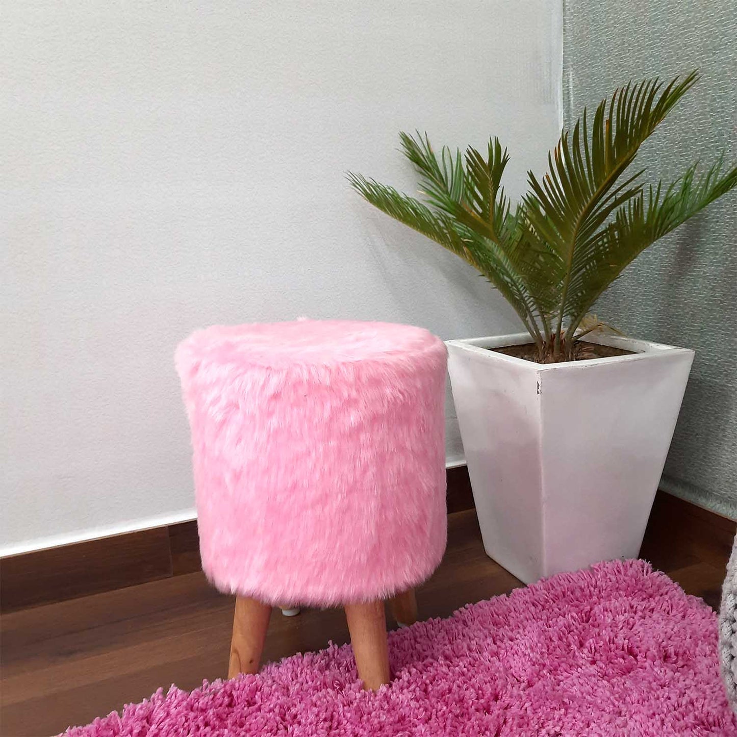 BIGMO Luxury Long Pink Fur Stool/ Ottoman (4 Legs for added stability-Natural Finish ) Length-40cm, Width – 40cm, Height – 40cm