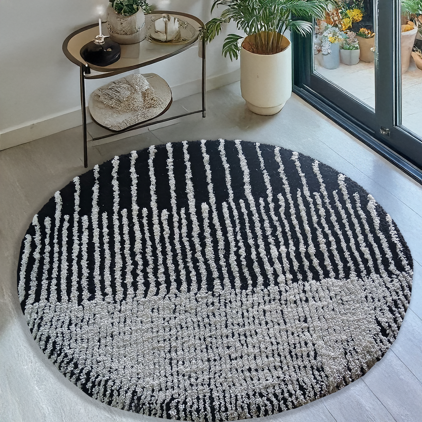 Avioni Home Atlas Collection - Moroccan Style Microfiber Round Carpet In White & Black| Soft, Non-Slip, Easy to Clean