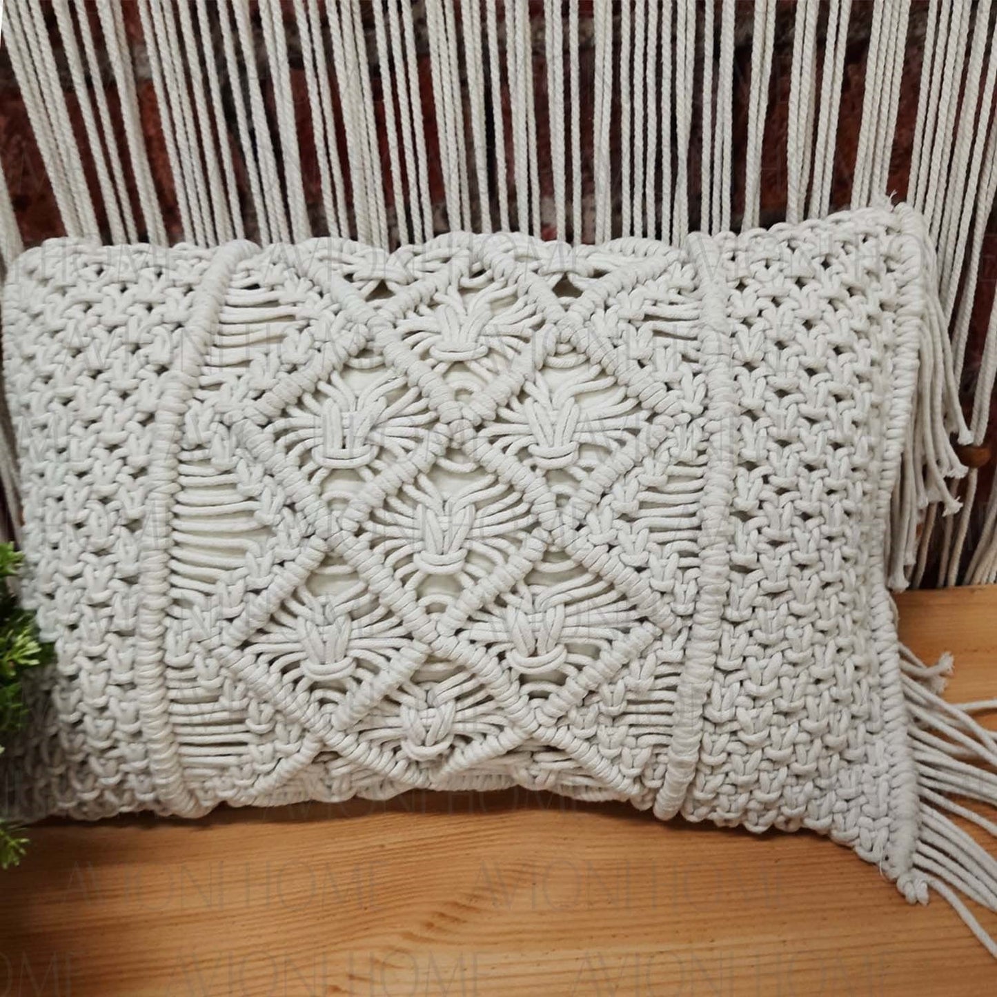 Bohemian Style Hand Knotted Macrame Cushion 100% Bleached Cotton With Filler- 12X20 Inch (30×50 cms)