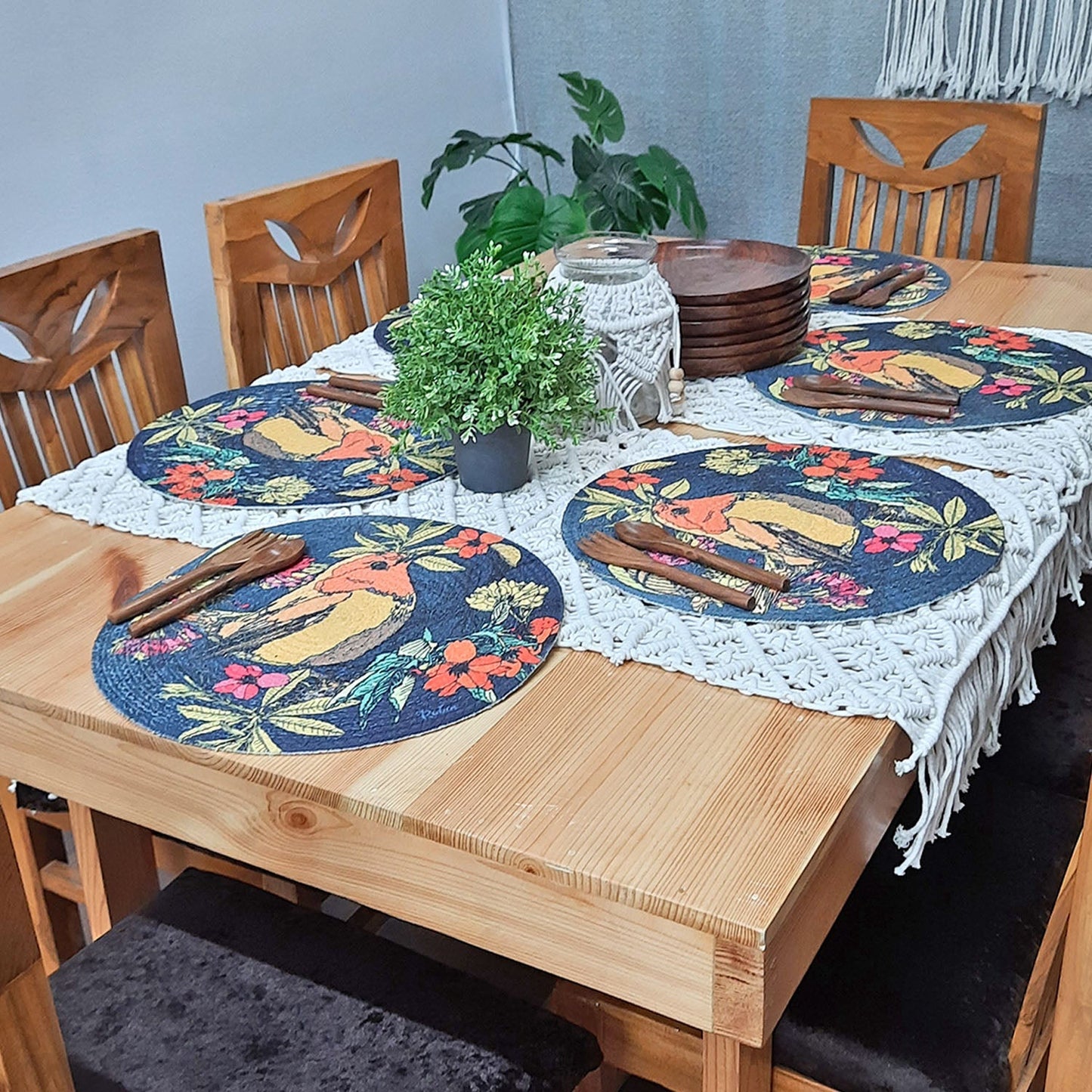 All Natural Round Cotton Braided Mats- “Natura Collection By Avioni”-Washable-Bird On Branch-Good for Gifting (38 cms Diameter)