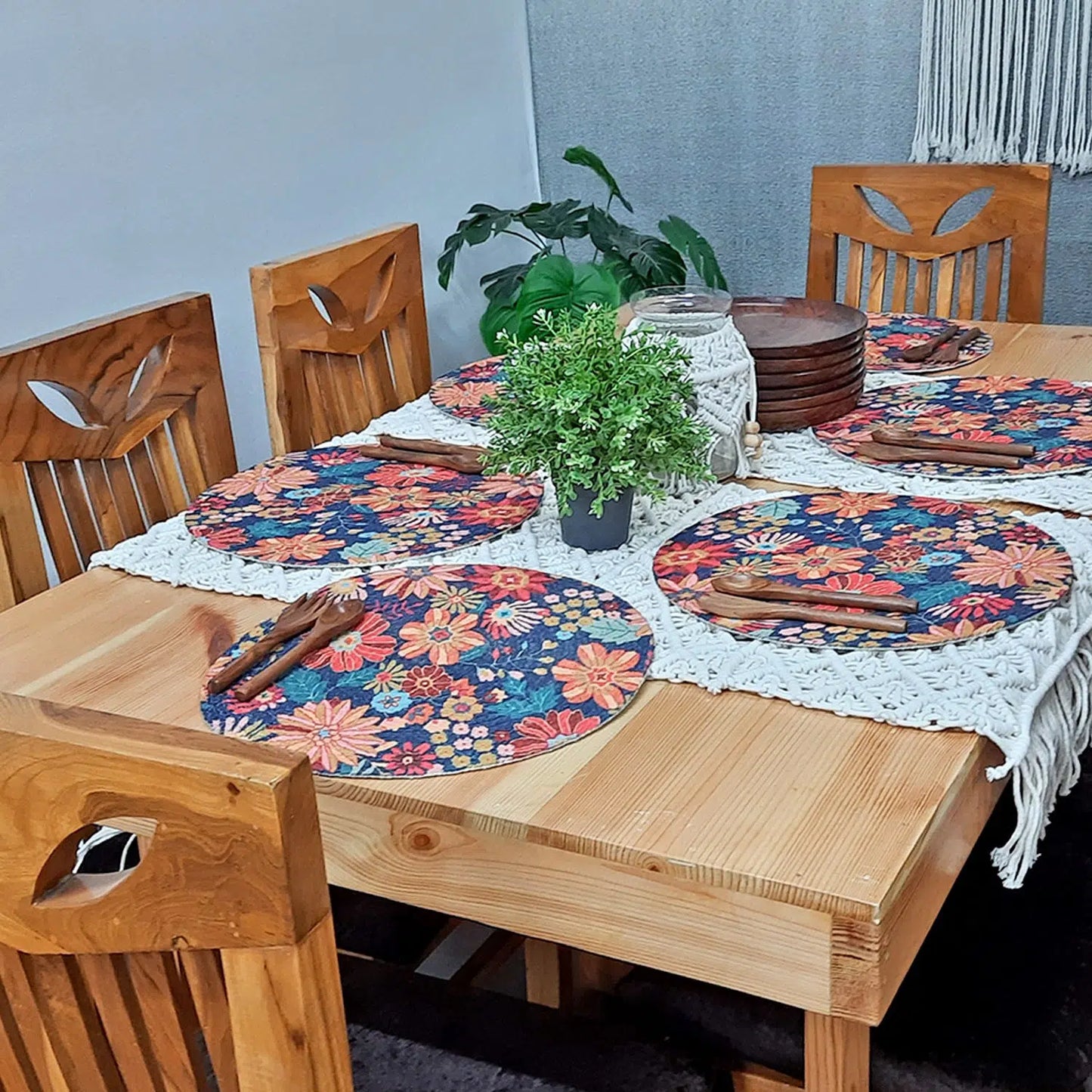 All Natural Round Cotton Braided Mats- “Natura Collection By Avioni”-Washable-Bunch of Flowers-Good for Gifting (38 cms Diameter)