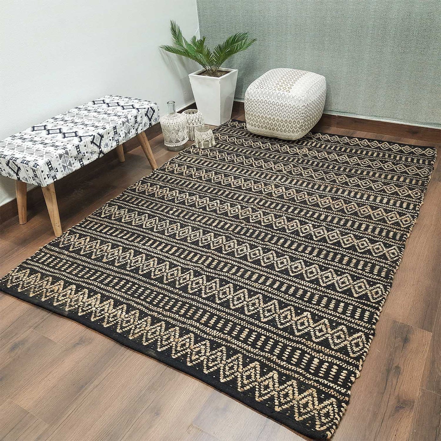 Avioni Home Eco Collection – Cotton & Jute Handwoven Diamond And Linear Pattern Carpet (56 cms x 140 cms)
