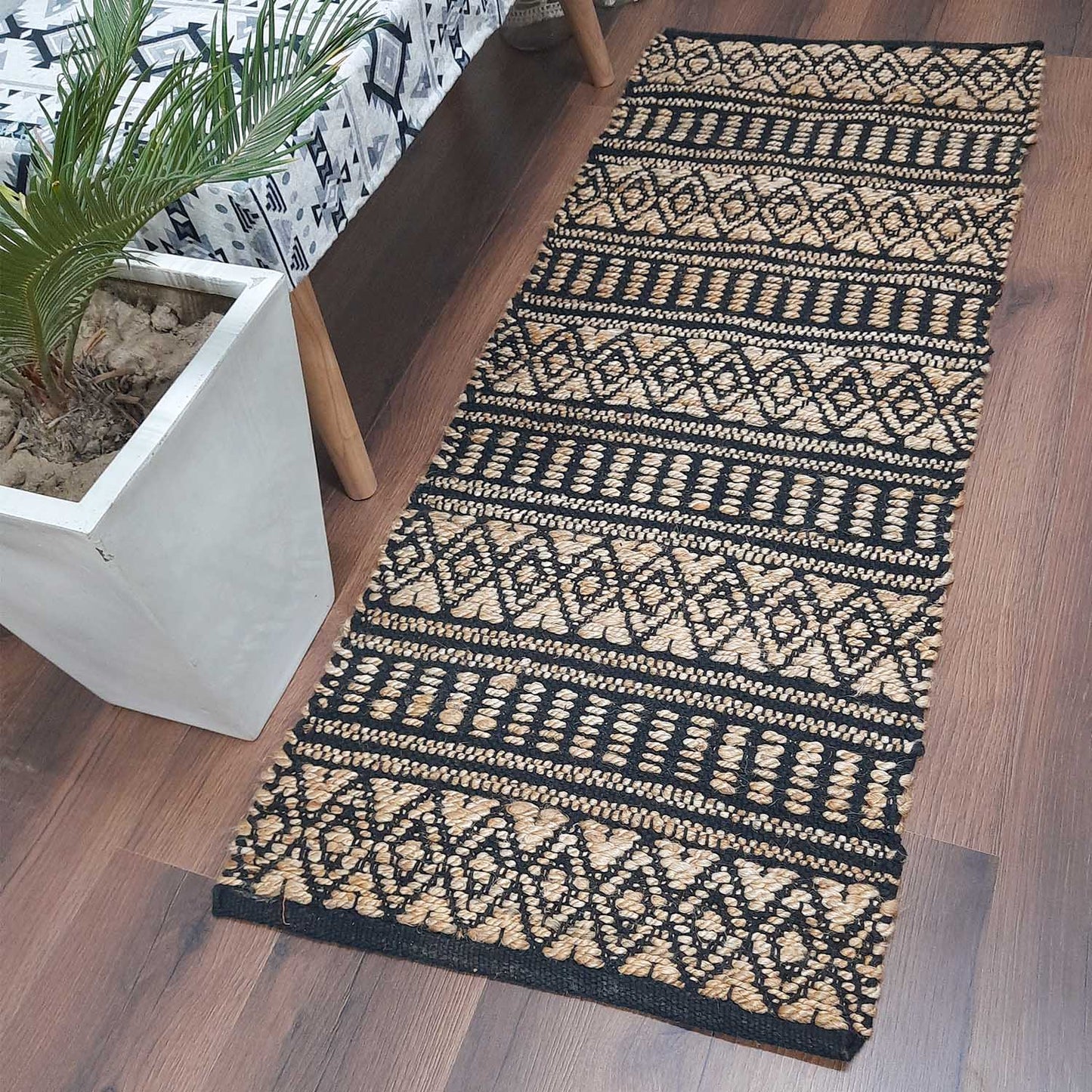 Avioni Home Eco Collection – Cotton & Jute Handwoven Diamond And Linear Pattern Carpet (56 cms x 140 cms)
