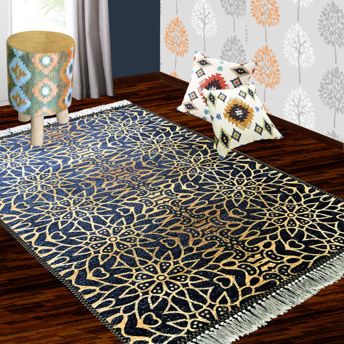 Silk Carpet Modern Design Collection Blue With Gold – Living Room Rug – 90cm x 150cm (~3 feet x 5 feet)-Avioni