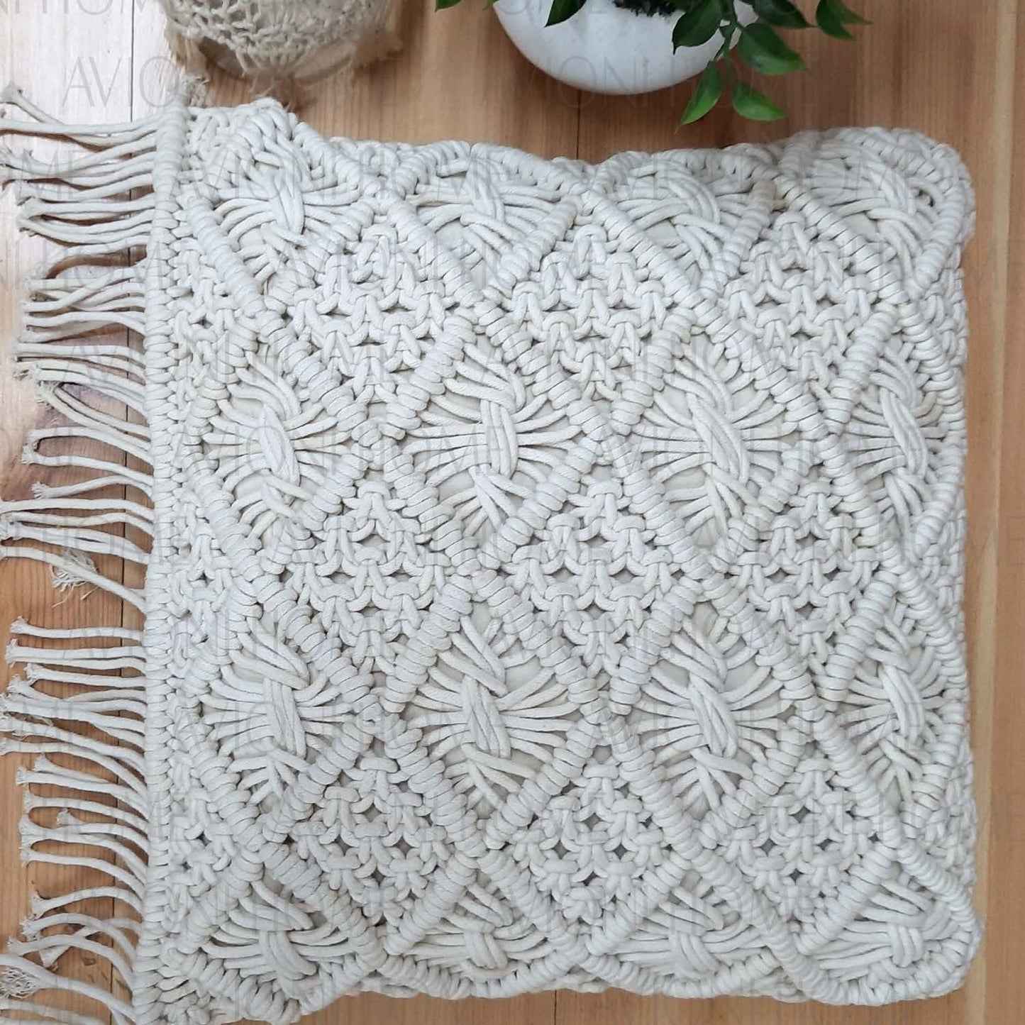 Bohemian Style Hand Knotted Macrame Cushion 100% Bleached Cotton With Filler- 18X18 Inch (45×45 cms)