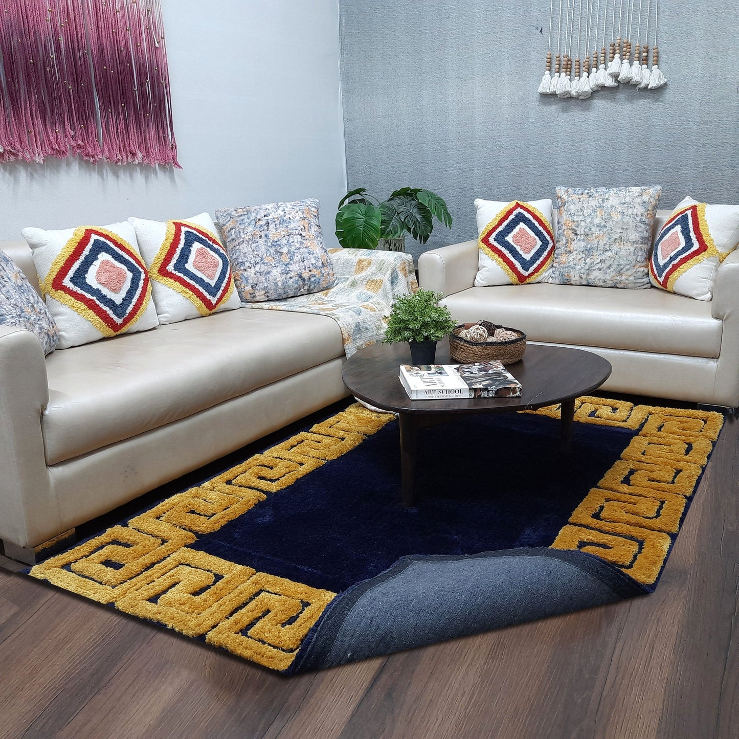 Avioni Atlas Collection- Micro Navy Blue with 3D Yellow Designer Border -Different Sizes Shaggy Fluffy Rugs and Carpet for Living Room