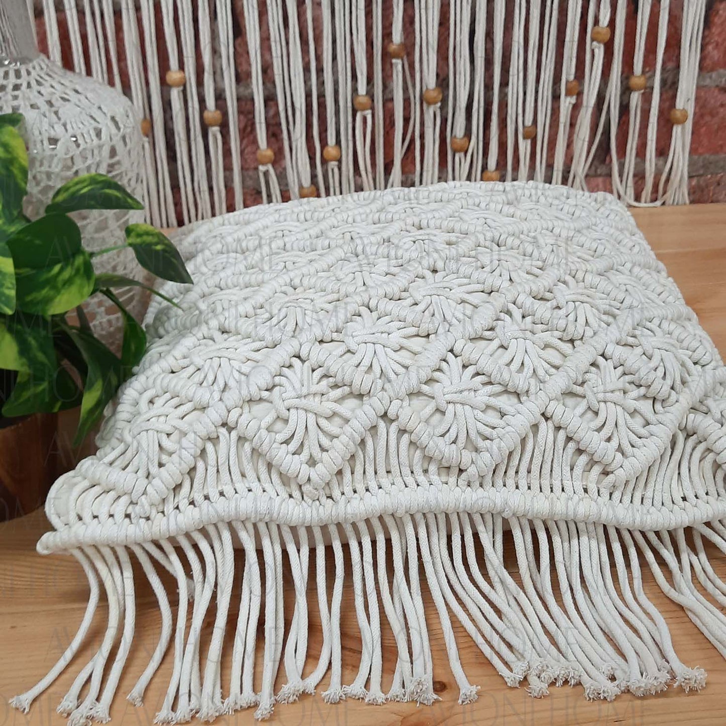 Bohemian Style Hand Knotted Macrame Cushion 100% Bleached Cotton With Filler- 18X18 Inch (45×45 cms)