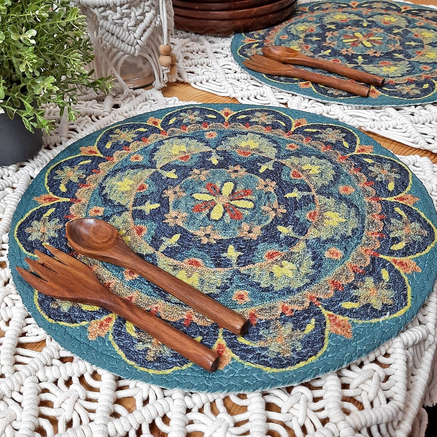 All Natural Round Cotton Braided Mats- “Natura Collection By Avioni”-Washable-Rangoli Design-Good for Gifting (38 cms Diameter)