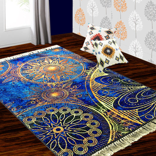 Silk Carpet Modern Design Collection Blue Mandala – Living Room Rug – 90 cm x 150 cm (~3 Feet × 5 Feet ) - Avioni